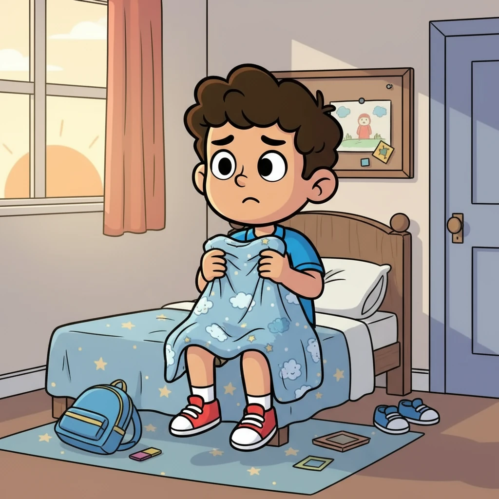 Amir berasa gelisah di pagi hari. Dia menggenggam erat selimutnya, hatinya berdebar-debar. Sekolah adalah tempat yang baru, dan dia berasa takut untuk pergi.