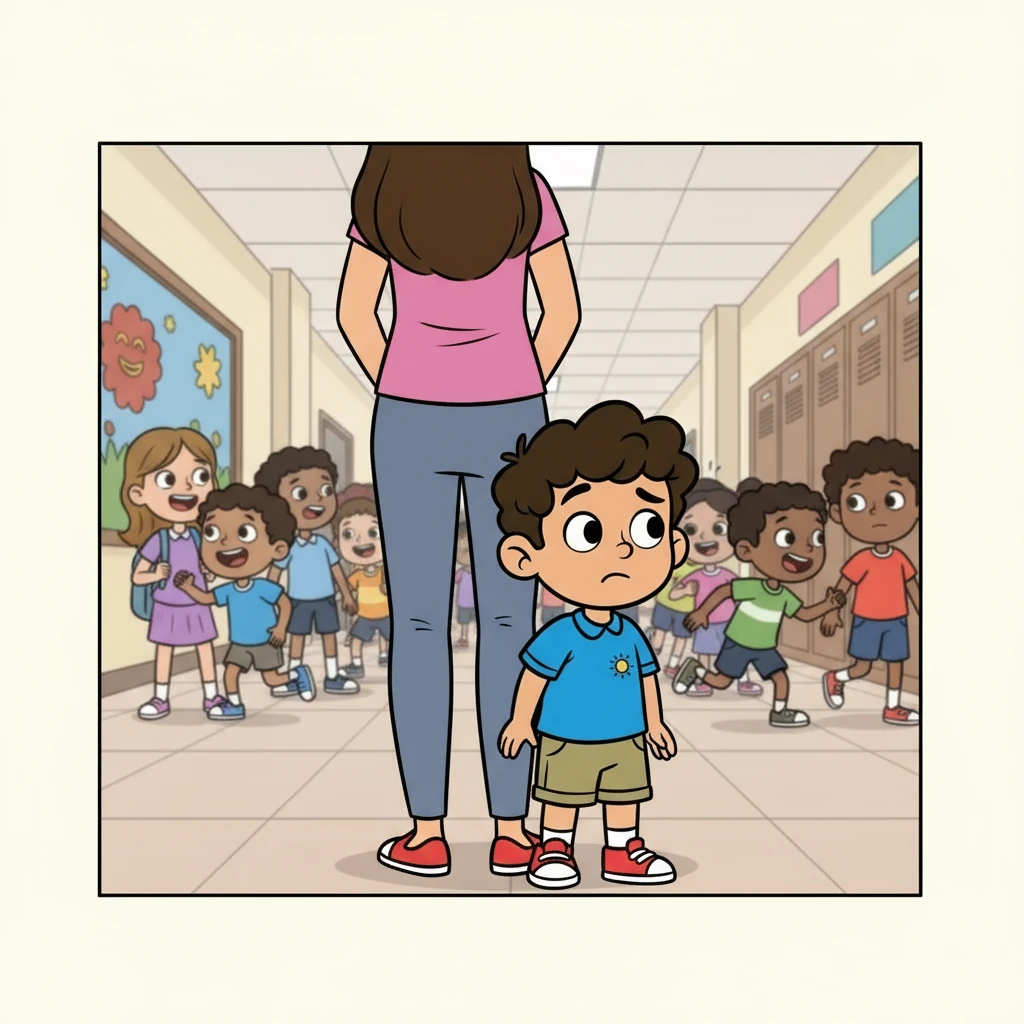 Di sekolah, Amir bersembunyi di belakang ibunya, matanya memandang sekeliling dengan ragu-ragu. Semua murid kelihatan begitu besar dan bising. Dia berasa ingin pulang ke rumah.