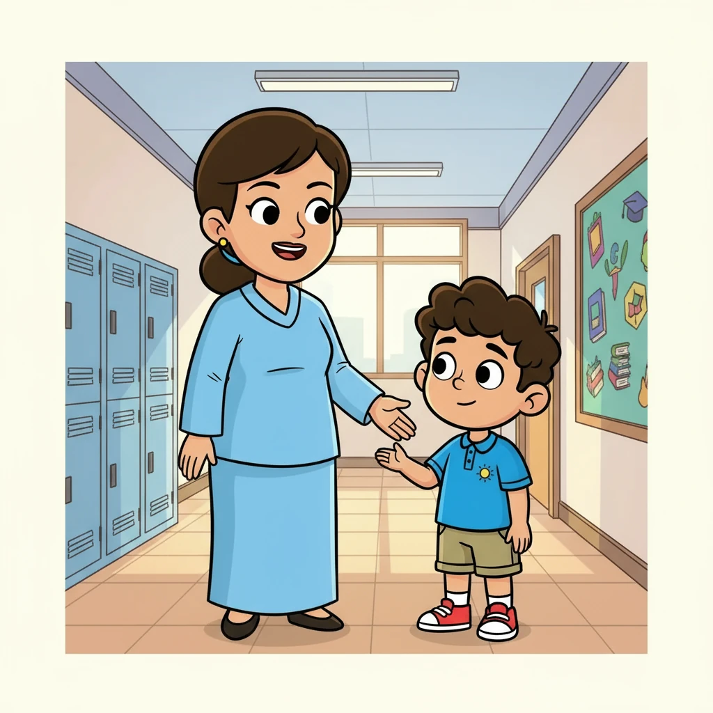 Seorang guru yang baik hati, Cikgu Salmah, mendekati Amir. Beliau memperkenalkan dirinya dengan senyuman yang ramah. “Hai, Amir! Selamat datang ke sekolah. Mari, saya tunjukkan kelas kamu,” katanya.