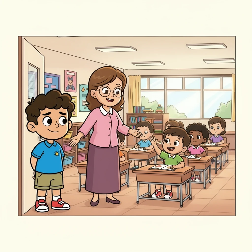 Amir perlahan-lahan mengikuti Cikgu Salmah. Di dalam kelas, dia melihat kanak-kanak lain. Salah seorang murid, bernama Ali, melambai kepadanya. Amir tersenyum malu-malu.