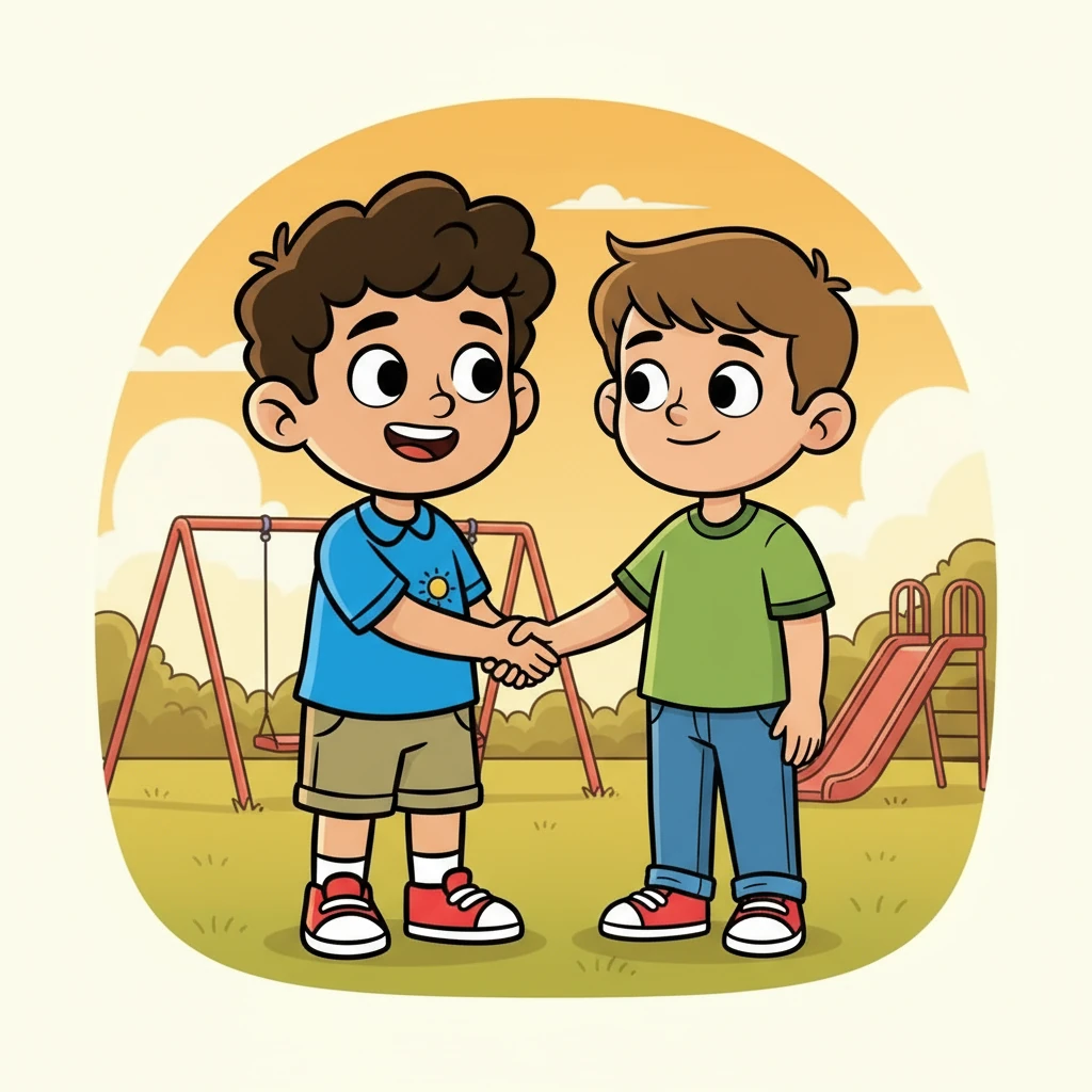 Pada akhir hari, Amir tersenyum lebar. Dia berjabat tangan dengan Ali dan berjanji untuk bermain bersama esok hari. Rasa takutnya telah hilang, digantikan dengan rasa gembira dan semangat untuk belajar.