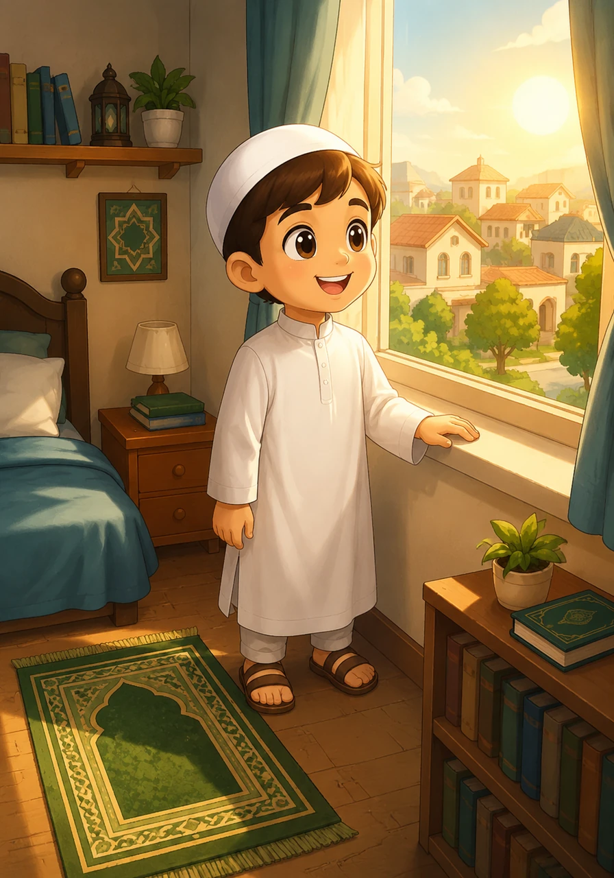 Yusuf, a bright-eyed boy with a warm smile, stands by his bedroom window as the morning sun casts a golden glow over his room. He wears a comfortable, modest tunic and looks out at the neighborhood with excitement, ready for a day filled with good deeds. The illustration features Yusuf in an anime style with big expressive eyes, set in a cozy bedroom filled with books and a prayer mat, using vibrant but soft colors.