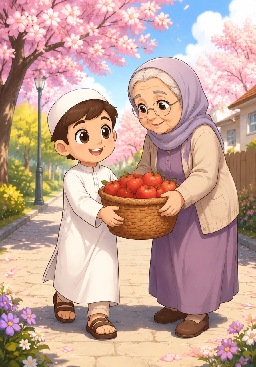 Walking down the street, Yusuf spots an elderly neighbor struggling with a heavy basket of apples. He rushes over with a gentle smile, offering to carry the load all the way to her front door, showing the importance of helping others. The illustration shows a sunny park path with cherry blossoms, capturing Yusuf helping the kind-looking grandmother in a bright, cheerful anime aesthetic.