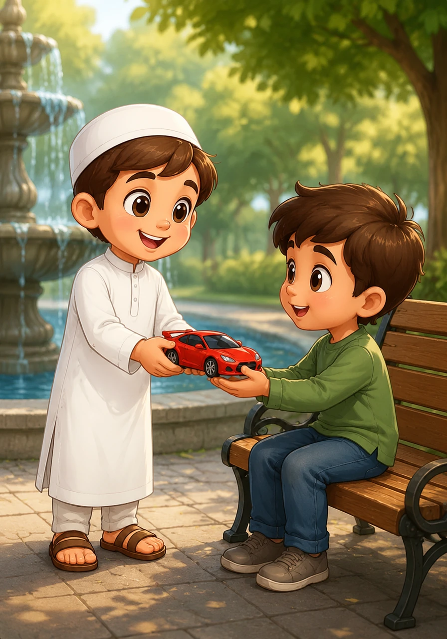 Yusuf notices a friend sitting on a bench looking sad because he lost his favorite toy car. Yusuf remembers seeing it near the fountain, runs to retrieve it, and returns it with a joyful heart, teaching the value of honesty and integrity. The illustration depicts a park fountain scene where Yusuf hands the toy to his friend, with relieved expressions and a soft bokeh background.
