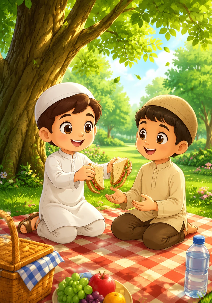 Sitting on a picnic blanket under a large, swaying tree, Yusuf breaks his sandwich in half to share it with a friend who forgot their lunch. They laugh together, surrounded by nature, demonstrating the beauty of sharing and gratitude for what they have. The illustration features a lush green park, a picnic setting, and close-up happy expressions with warm sunlight filtering through the leaves.