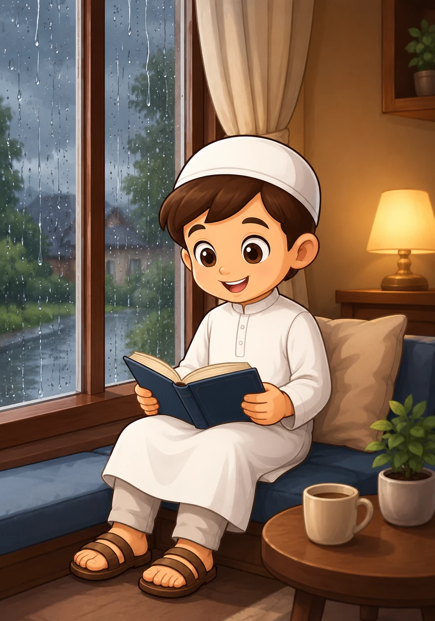 Rain begins to pour outside, and Yusuf watches the droplets race down the glass, practicing patience as his outdoor plans are canceled. He picks up a book, finding contentment in the quiet moment, showing that patience brings peace. The illustration shows a cozy indoor setting with Yusuf by a window, warm interior lighting, soft pastel colors, and a peaceful, rainy-day atmosphere.
