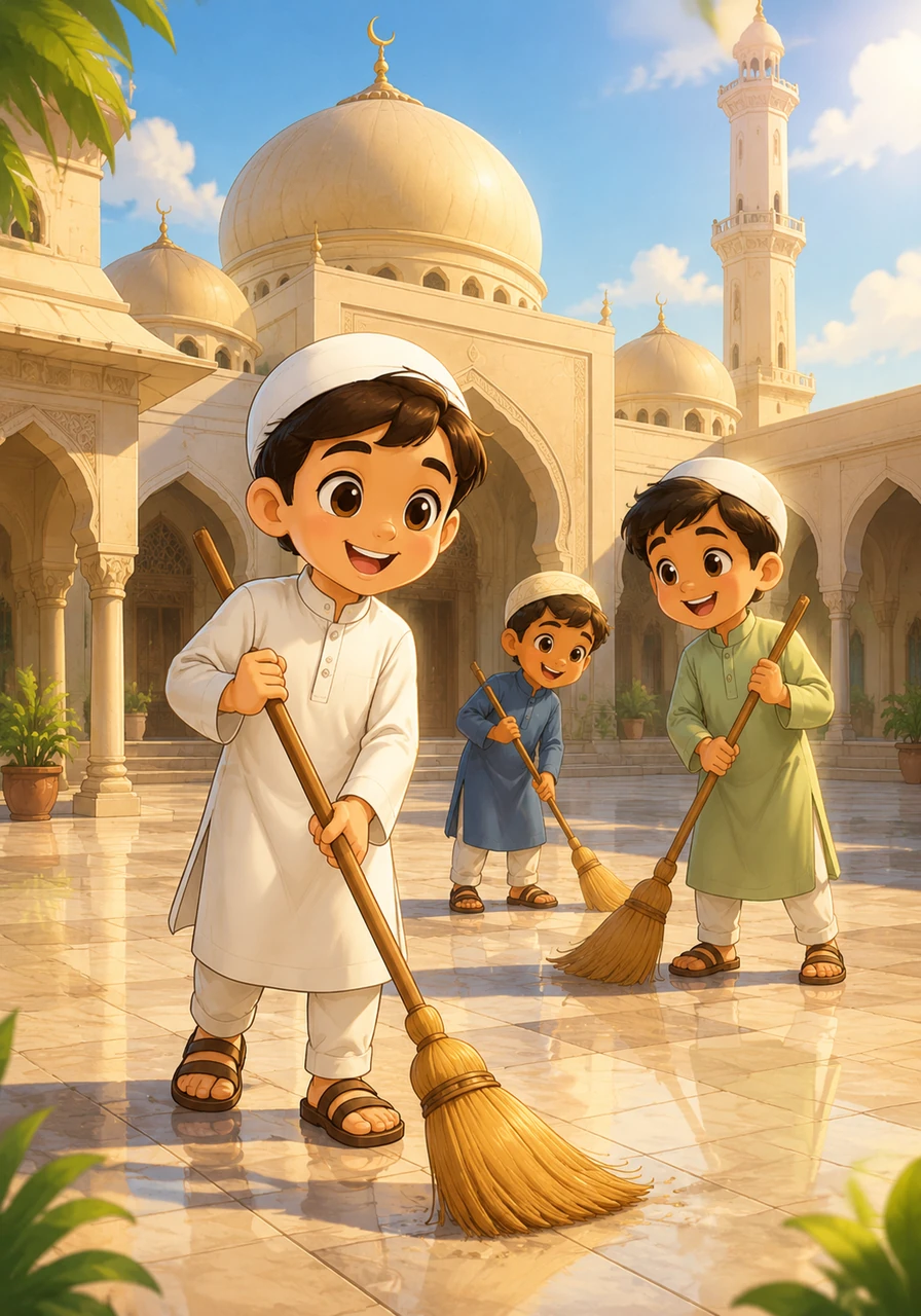 Yusuf visits the local Masjid to help sweep the courtyard, working alongside his friends with a smile on his face. They learn that serving the community is a way to show love and care for their neighbors. The illustration captures the courtyard of a beautiful, clean Masjid, with Yusuf holding a broom, friends laughing, and soft cinematic lighting highlighting the architectural details.