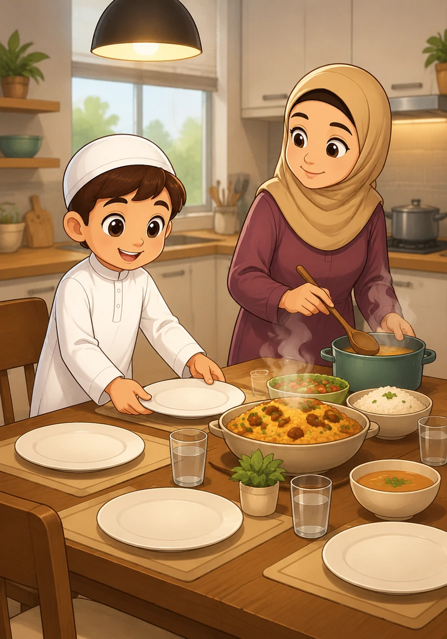 Back home, Yusuf helps his mother in the kitchen, carefully setting the table with plates and glasses. He treats his parents with the utmost respect, knowing that kindness at home is the most important lesson of all. The illustration depicts a modern, warm kitchen with steam rising from a meal, Yusuf helping his mother, and an inviting, cozy atmosphere.