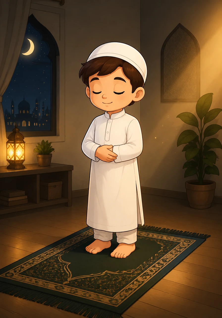 The room is quiet and dimly lit as Yusuf stands on his prayer rug, performing Salah with deep focus and calm. He feels connected to Allah, finding strength and tranquility in his quiet prayers. The illustration shows a softly lit room, Yusuf in a prayer position, ethereal light sources, and a peaceful, spiritual atmosphere.
