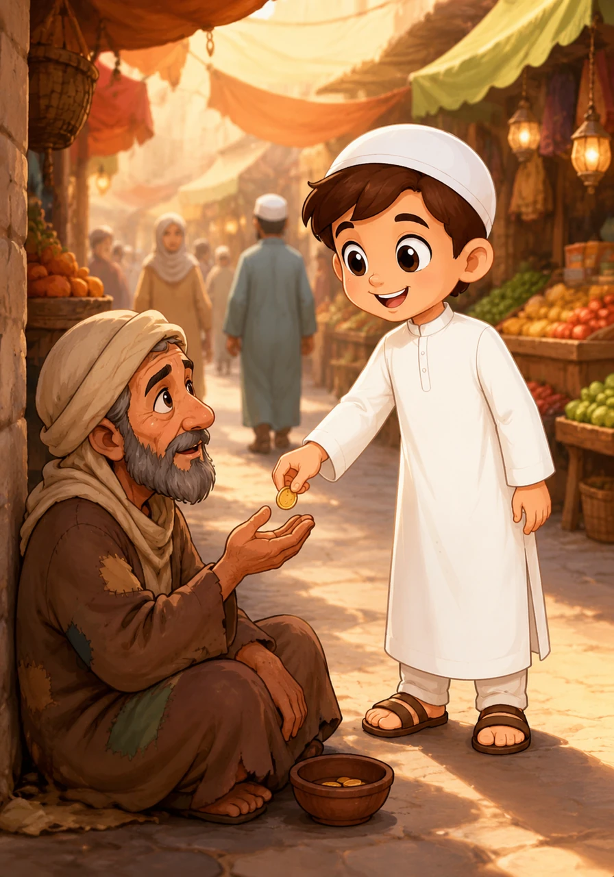 Yusuf sees a person in need near the market and decides to give a portion of his savings to help them, doing so secretly to keep his charity humble. His heart feels light and full of joy, proving that giving is its own reward. The illustration features a busy but soft market background, Yusuf handing a coin with a compassionate expression, and a warm, glowing color palette.
