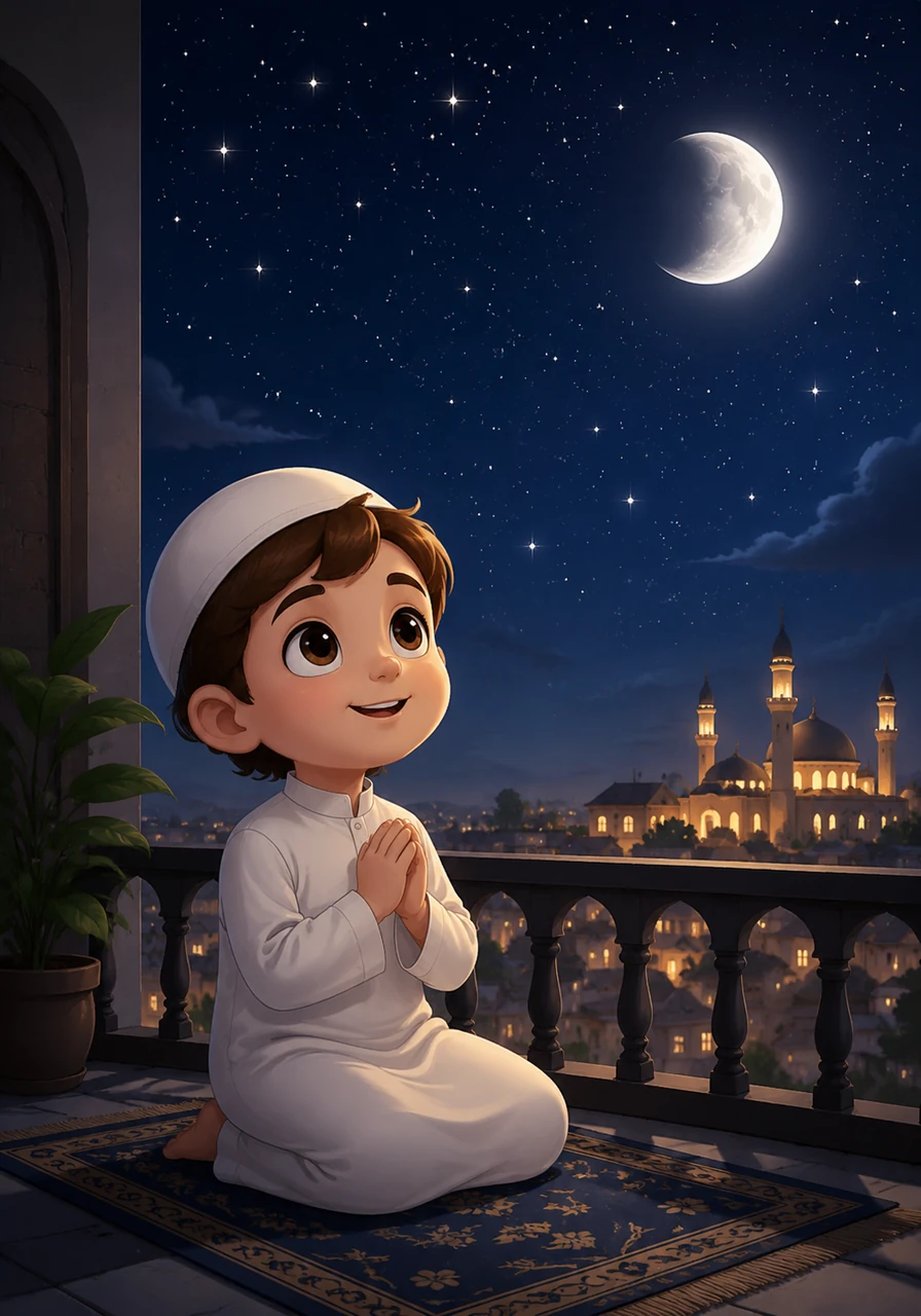 As the night sky sparkles with stars, Yusuf sits on his balcony, looking up with a sense of wonder and deep gratitude. He whispers a small prayer, feeling safe and loved, ready to dream of new adventures tomorrow. The illustration shows a night sky filled with twinkling stars, Yusuf looking up, a silhouette against the moonlight, and a serene, magical ending.