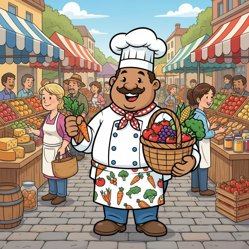 The farmers market buzzed with activity. Colorful stalls overflowed with fresh produce, artisan cheeses, and homemade goodies. Chef John strolled through the market, his basket getting fuller with each step. He greeted the farmers and carefully selected the best items.