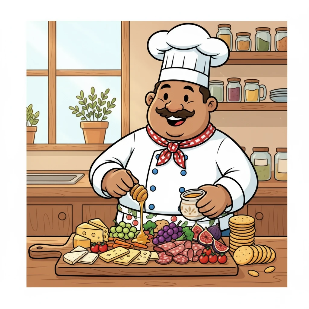 Back in his kitchen, Chef John laid out a beautiful wooden board. He began arranging his treasures, artfully placing the cheeses, meats, fruits, and vegetables. He added some crunchy crackers and a drizzle of honey for a touch of sweetness.