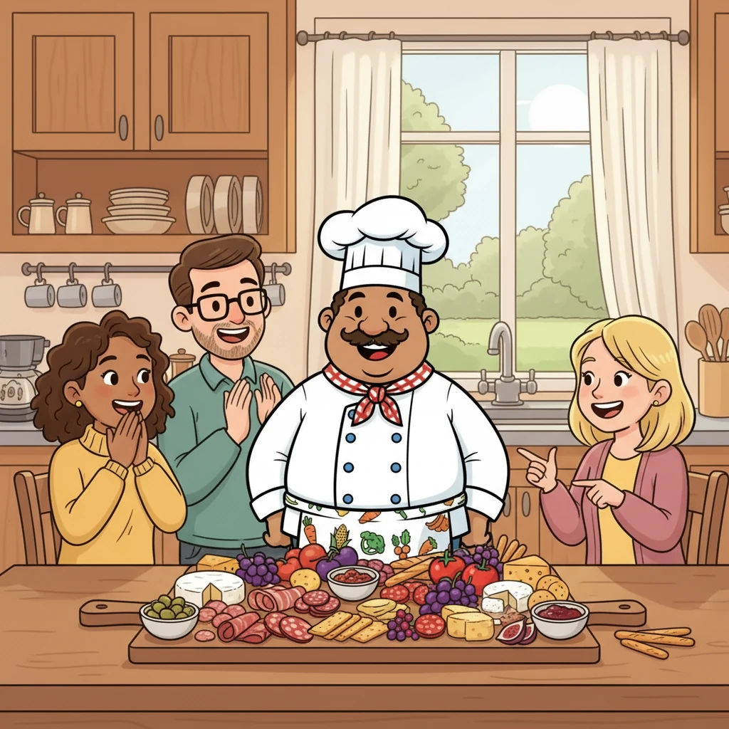As Chef John put the finishing touches on his board, his friends arrived. They gasped in delight at the colorful and inviting display. Everyone gathered around, sharing stories and laughter as they sampled the delicious charcuterie.