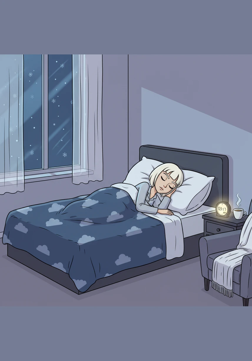 In de stille, donkere slaapkamer slaapt Elisa Blaauw diep onder een dikke, warme deken. Op haar bed liggen vier knuffels dicht tegen elkaar aan: Teddy de beer, Bibi de koe, Ollie de olifant en Tijgertje de tijger, veilig en warm in de winterse nacht.