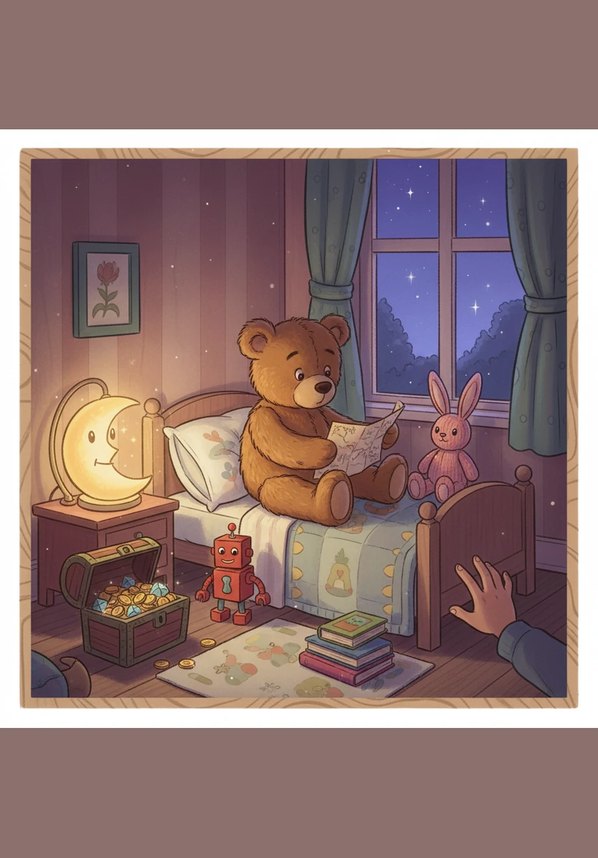 Terwijl de wind zachtjes langs het raam waait, rolt Teddy plotseling een klein stukje opzij. Met een zachte boem valt hij uit het hoge bed en belandt hij helemaal alleen op de koude vloer van de slaapkamer.