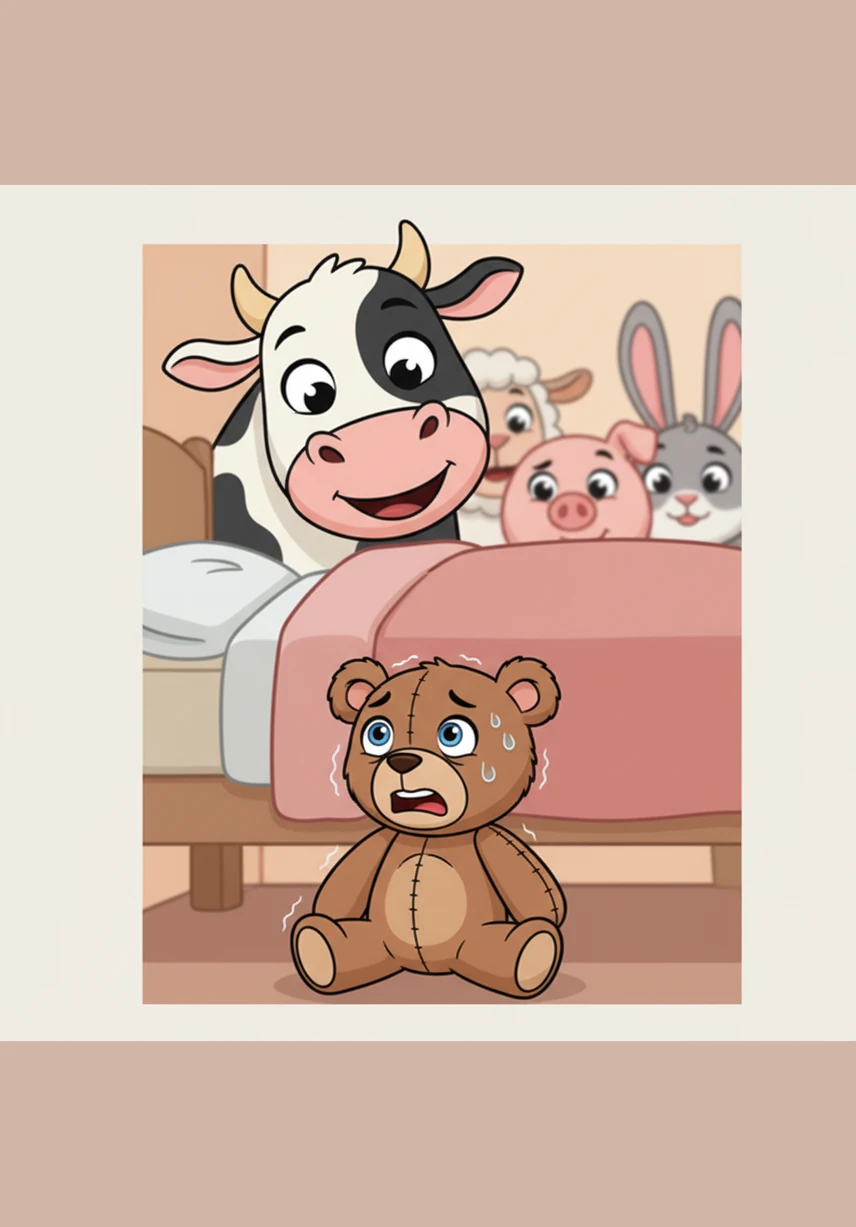 Teddy bibbert van de kou en kijkt met grote, bange ogen omhoog naar de rand van het bed. Bibi de koe steekt voorzichtig haar kopje over de rand en stelt hem vrolijk gerust dat zij en de anderen hem zullen helpen.