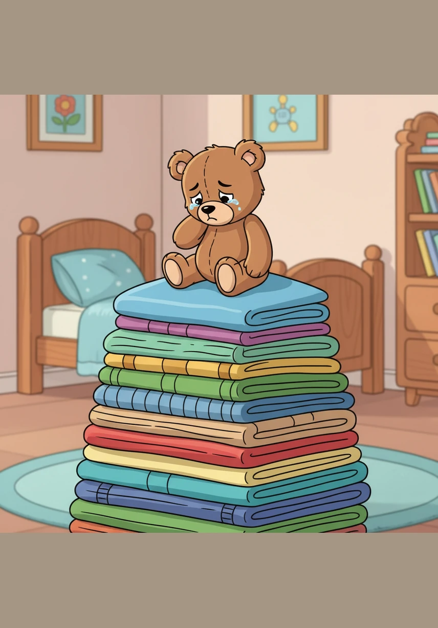 Teddy stapelt alle kledingstukken netjes op elkaar en klimt dapper naar de top van de zachte berg. Maar als hij bovenaan staat, merkt hij dat de stapel nog steeds te laag is en hij begint zachtjes te snikken van verdriet.