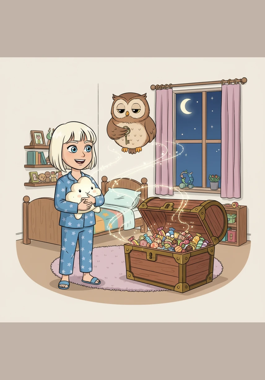 Met de hulp van zijn vrienden klimt Teddy stap voor stap omhoog tot hij weer veilig op het zachte matras ligt. Elisa slaapt rustig door terwijl de vier knuffels, weer warm en tevreden, dicht tegen elkaar aan in slaap vallen.