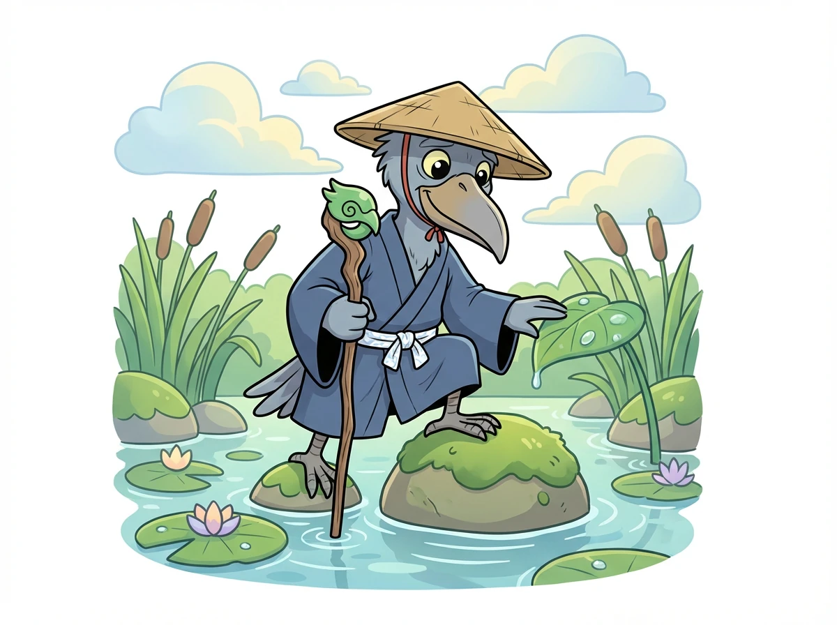 長老は静かな湿地の真ん中に立っています。周りには穏やかな水と緑の草が生い茂り、静かで平和な雰囲気です。