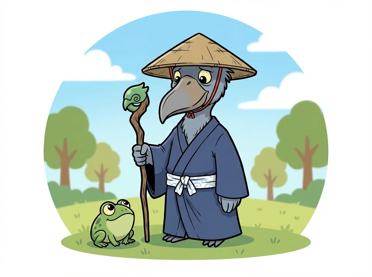 小さなカエルが長老の足元に近づき、彼を見上げています。長老は静かにカエルを見つめ返します。