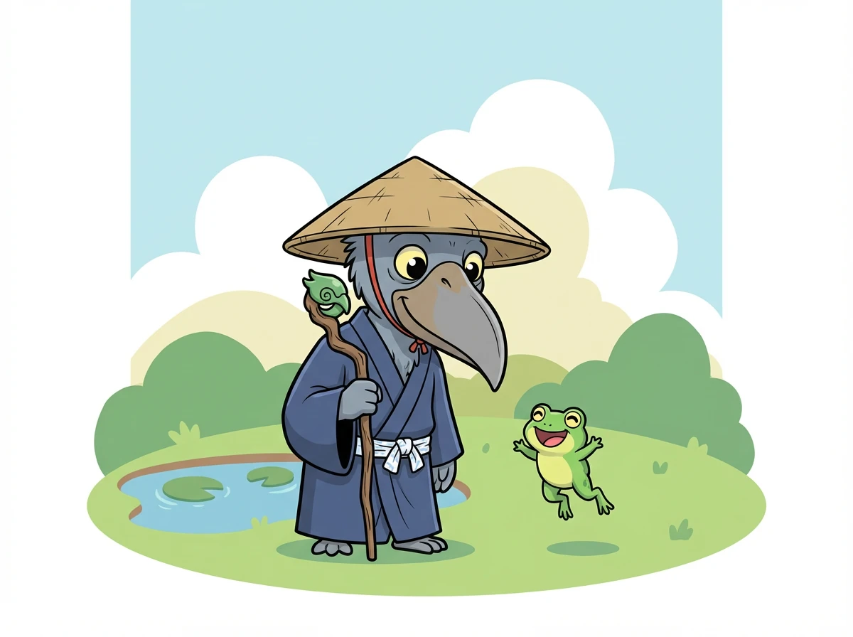 長老はゆっくりと首を傾げ、カエルに挨拶をします。カエルは嬉しそうに飛び跳ねます。