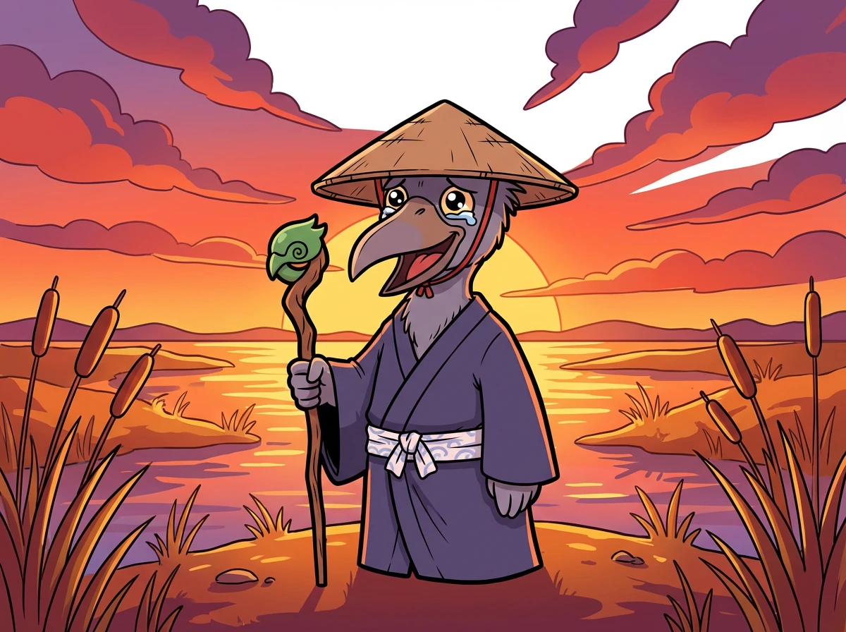 太陽が沈み始め、湿地はオレンジ色に染まります。長老は空を見上げ、その美しさに感動しています。