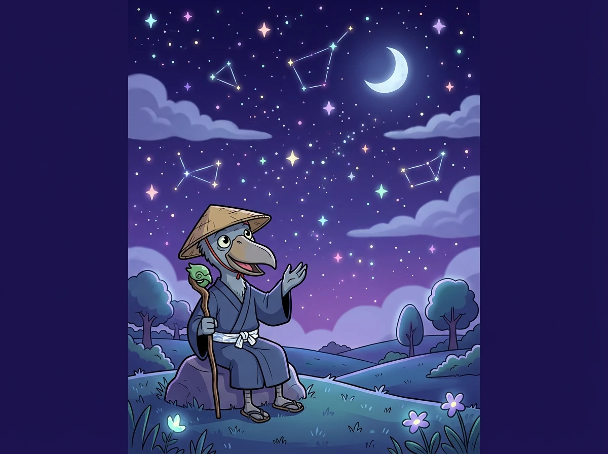 夜が訪れ、星が輝き始めます。長老は静かに夜空を見つめ、宇宙の広大さを感じています。