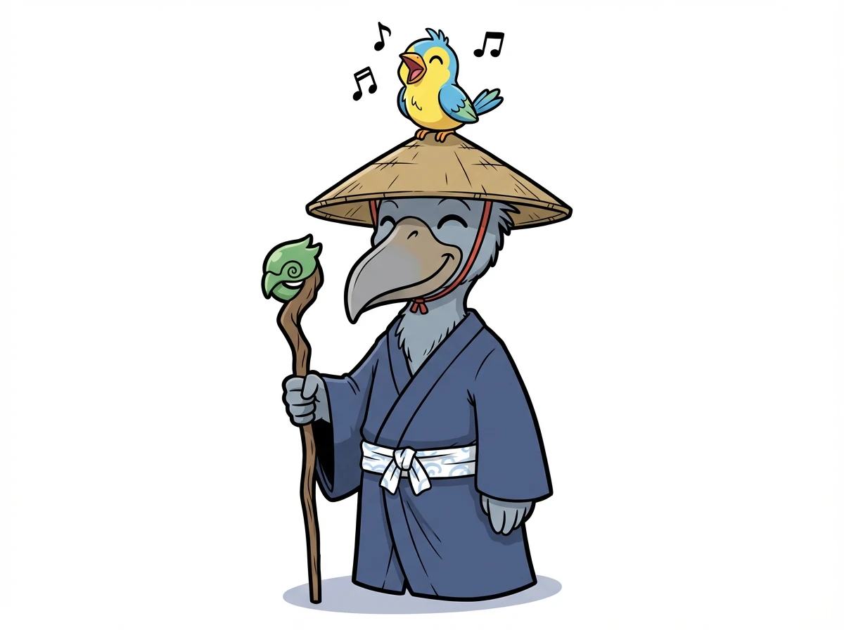 小さな鳥が長老の頭にとまり、歌を歌います。長老は微笑み、鳥の歌に耳を傾けます。