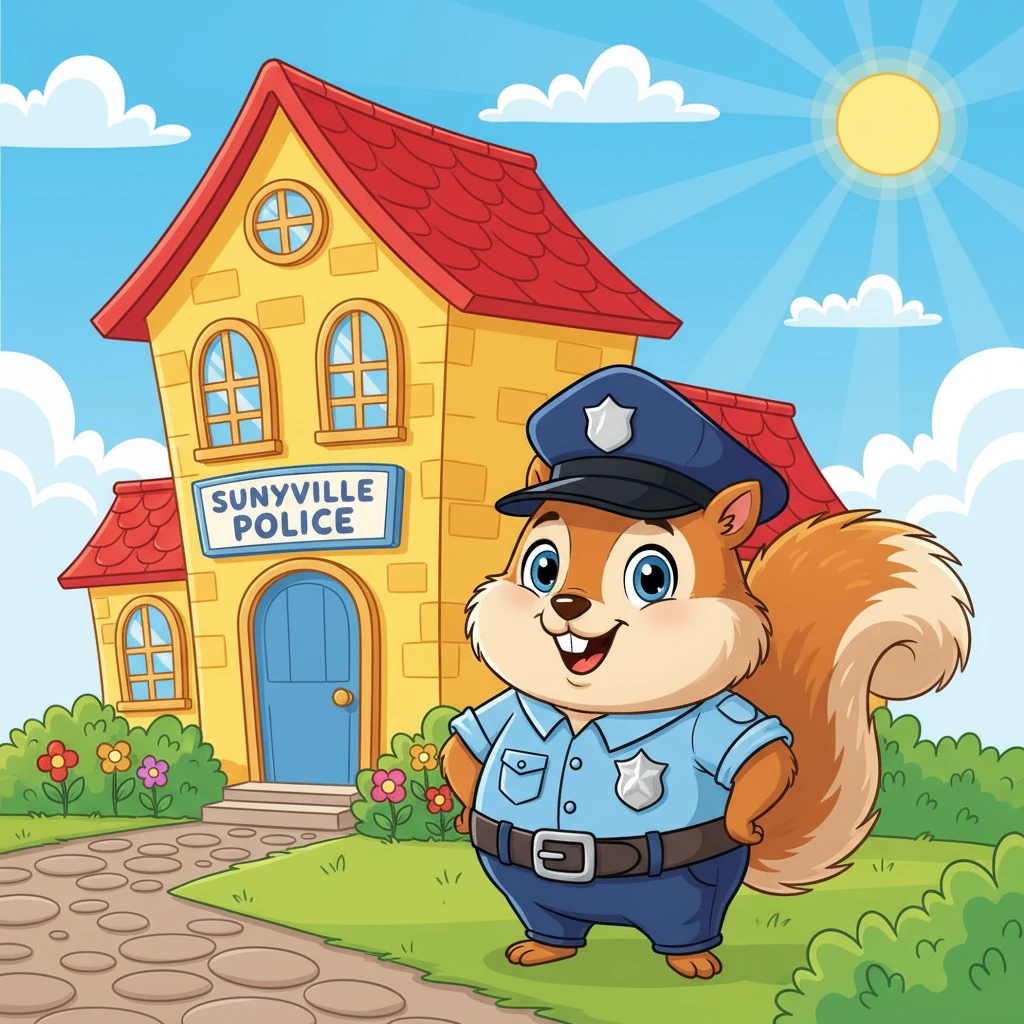 Officer Puddlefoot, a small, round police squirrel with an oversized hat, stood proudly in front of the Sunnyville Police Station. His shiny badge gleamed, and his tail twitched with excitement. He was ready for a day of helping everyone in town!