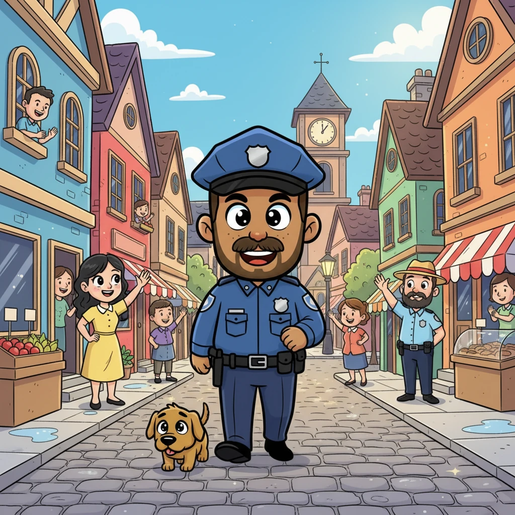 Puddlefoot patrolled the bustling main street, his eyes wide with curiosity. He greeted smiling townsfolk, who waved back cheerfully. The sun shone brightly on the colorful buildings, making everything sparkle.