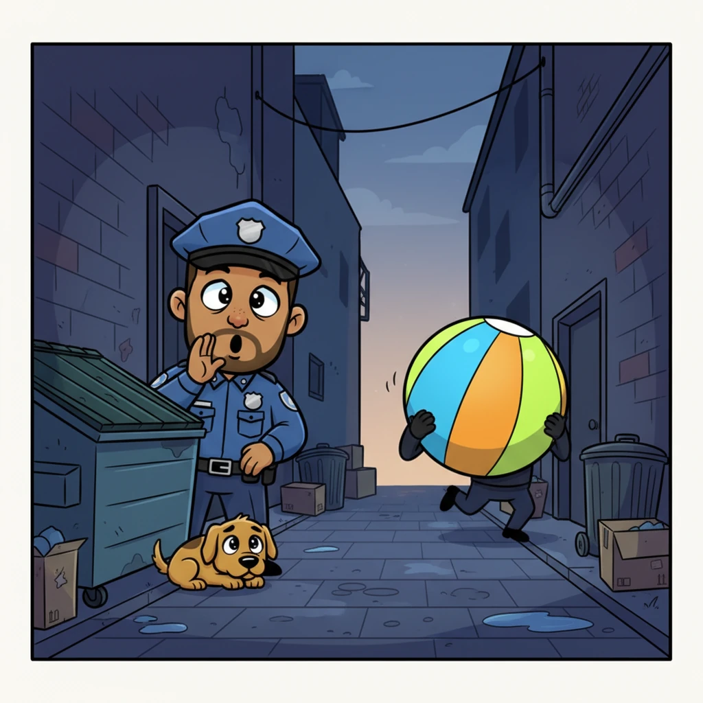 Suddenly, Puddlefoot spotted a shadowy figure hurrying down an alleyway. The figure was carrying a huge, wobbly, brightly striped object. "Aha!" Puddlefoot whispered, "A giant striped... something-or-other thief!"