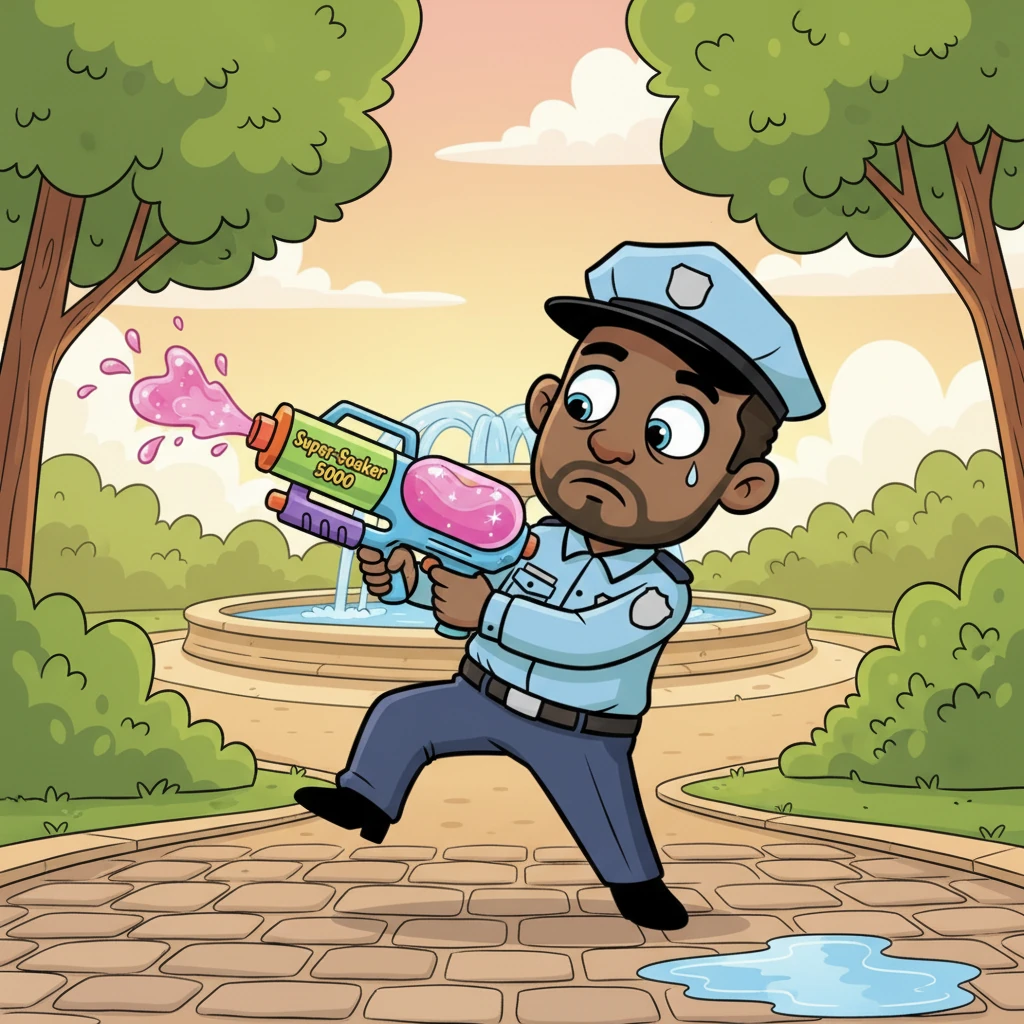 Puddlefoot bravely tiptoed closer, his little heart thumping like a drum. He carefully pulled out his trusty Super-Soaker 5000, filled with sparkling berry juice. This was his special tool for very gentle "apprehensions."