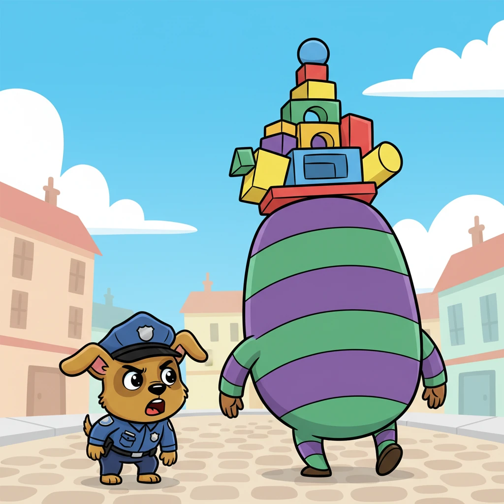 "Stop right there, you big striped... object-taker!" Puddlefoot called out in his bravest squeak. But the figure just kept waddling, seemingly unaware, trying to balance the immense, wobbly thing. Puddlefoot frowned, determined to do his duty.