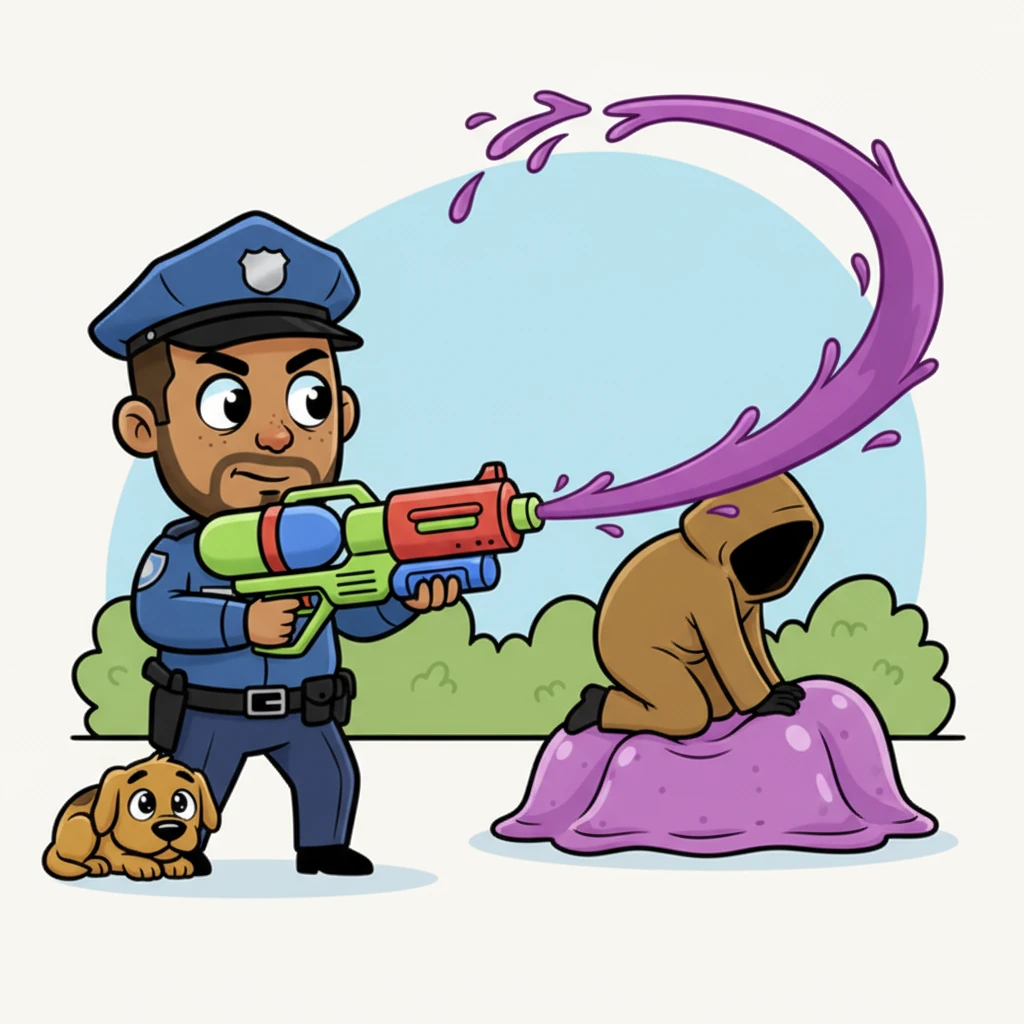 With a determined squirt, Puddlefoot aimed his Super-Soaker. A bright stream of berry juice arched through the air. SPLASH! It landed right on the wobbly object and the back of the mysterious figure.