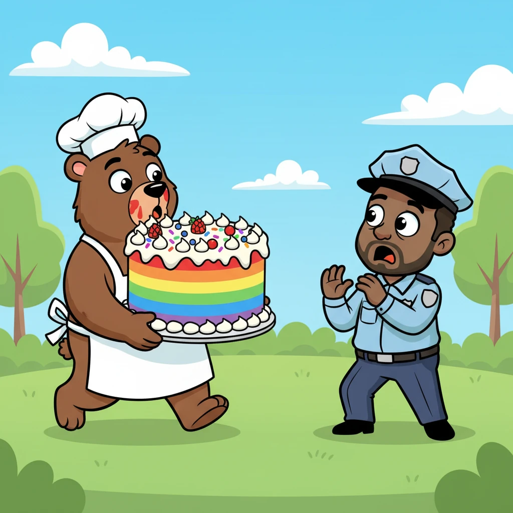 The figure gasped and slowly turned around. It wasn't a thief at all! It was Baker Ben, a friendly bear, carrying his famous Giant Rainbow Cake for the town picnic. He looked surprised, with a few drops of berry juice on his nose.