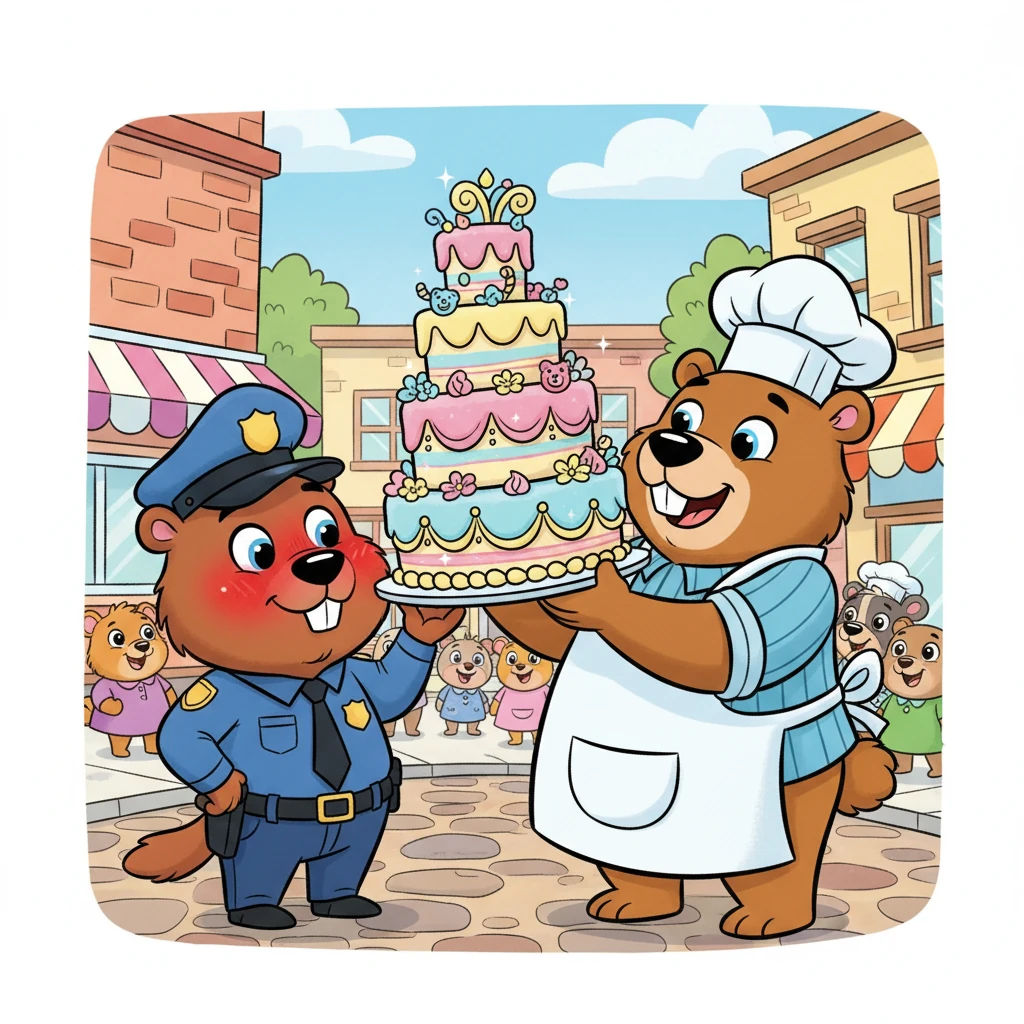 Officer Puddlefoot's eyes grew wide as saucers. "Oh dear, oh my!" he squeaked, his hat nearly falling off. Baker Ben wasn't stealing; he was delivering a delicious, wobbly masterpiece! Puddlefoot felt a huge blush creep up his furry cheeks.