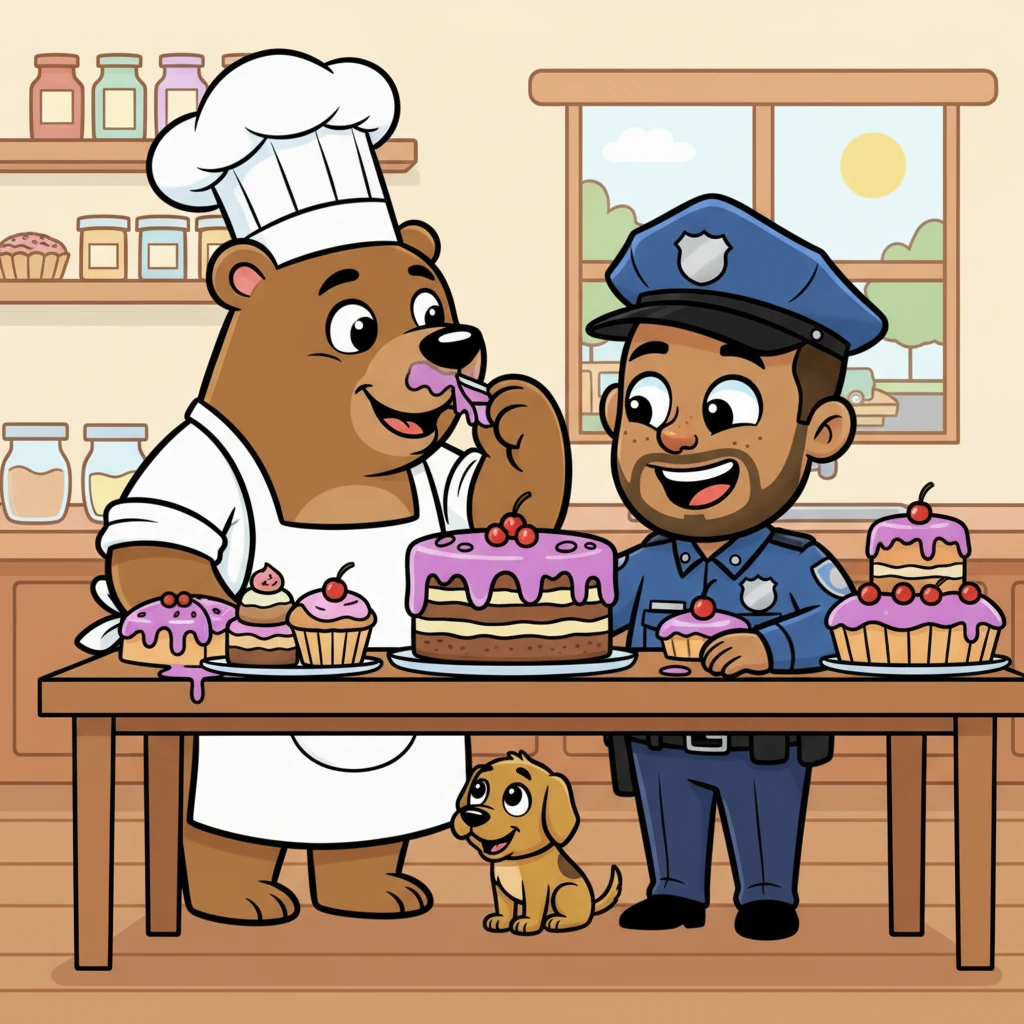 Baker Ben, seeing Puddlefoot's embarrassed face, chuckled kindly. "It's alright, Officer Puddlefoot!" he rumbled, wiping a little juice from his snout. "Just a bit of extra frosting, perhaps?" Puddlefoot giggled, realizing his silly mistake.