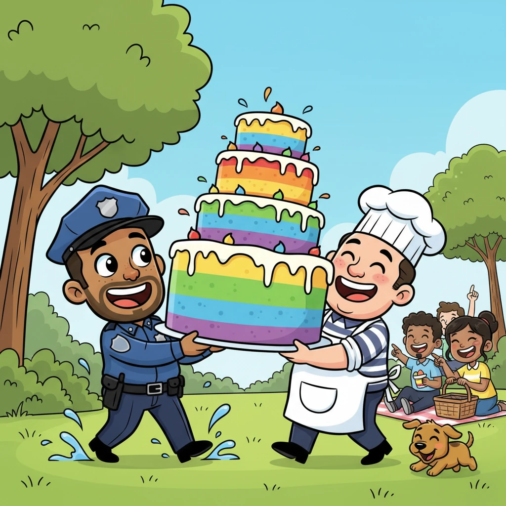 Together, Officer Puddlefoot and Baker Ben carried the slightly juiced, but still magnificent, Rainbow Cake to the picnic. Everyone laughed at Puddlefoot's story, and he learned that sometimes, things aren't always what they seem, especially a giant wobbly cake. He was still the best (and splashiest) officer in Sunnyville!