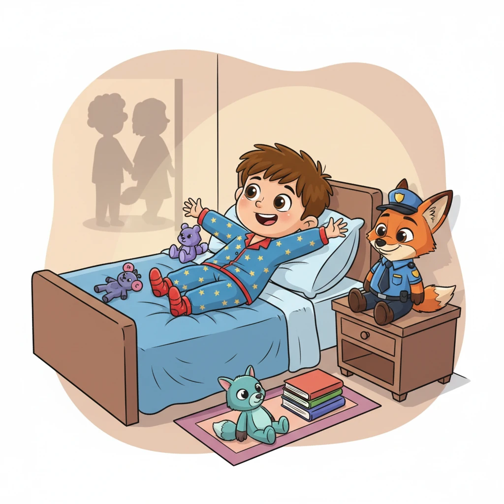 Leo, a small boy with bright, active eyes, is tucked into his cozy bed. He's surrounded by toys and books, looking wide awake and ready to play, while his parents' shadows recede from the doorway.