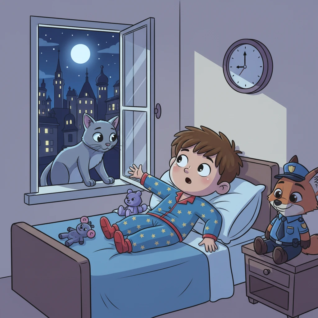 As the clock on the wall shows ten o'clock, a sleek, silver cat with sparkling, moonlit eyes peeks through Leo's open window. The cat's silhouette is framed by the soft glow of the night outside.