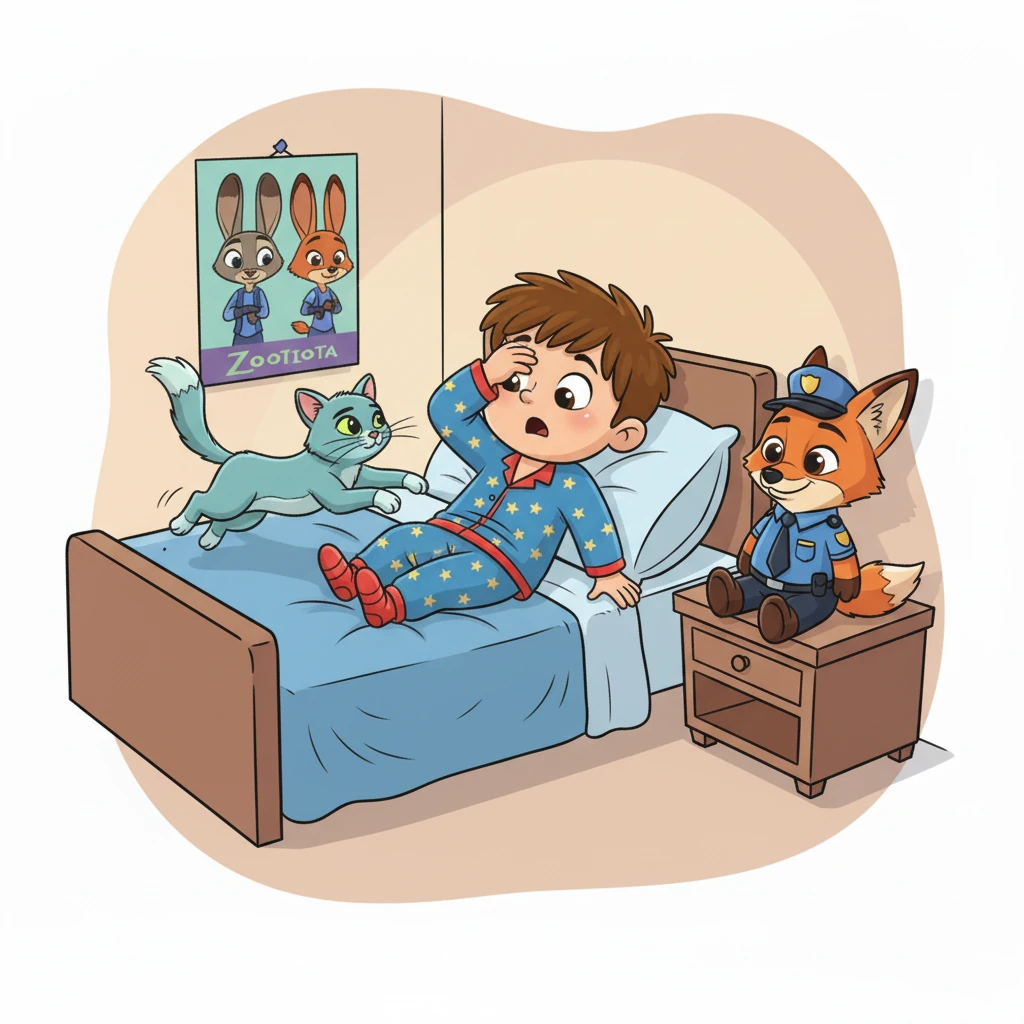 Leo sits up in bed, rubbing his eyes in disbelief, as the elegant silver cat, Nimbus, gracefully jumps onto his bed. Leo's expression is a mix of surprise and curiosity.