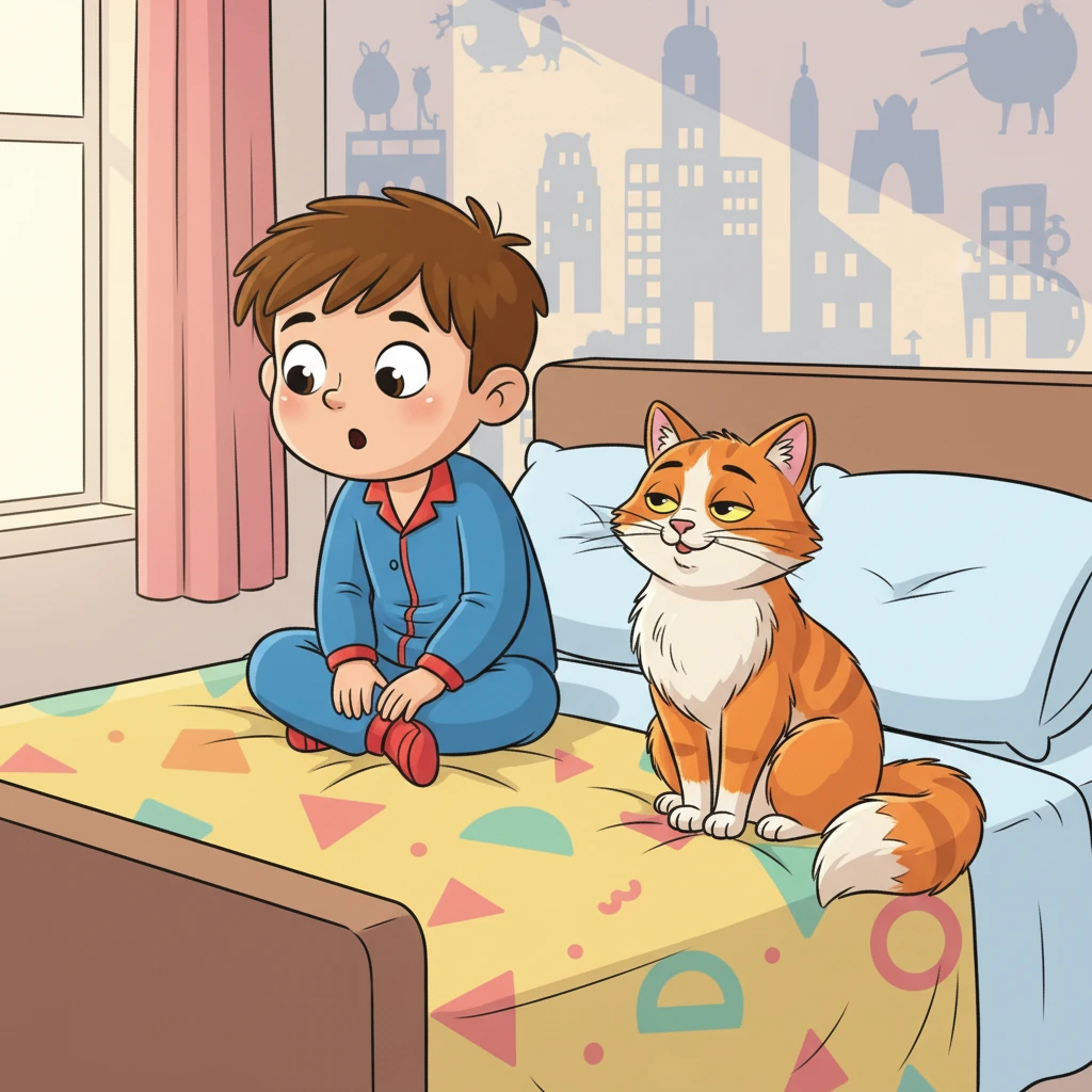 Nimbus, the talking cat, is perched regally on Leo's bed, purring softly. Leo, with wide, amazed eyes, listens intently as Nimbus begins to explain the important lesson about sleep.