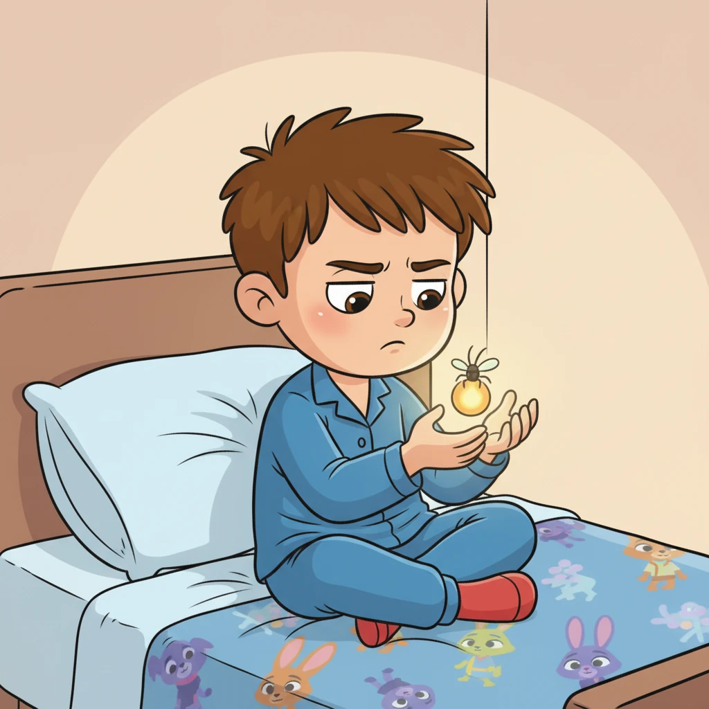 Nimbus curls up comfortably on Leo's blanket, looking wise and content. Leo, still a bit skeptical, has a slight frown on his face, trying to understand why sleep is so important.