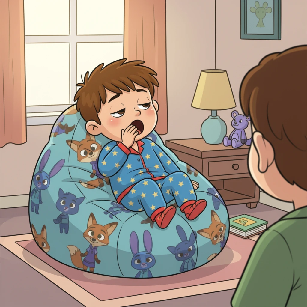 Leo yawns a big, sleepy yawn, covering his mouth with his hand. He looks less resistant to the idea of sleep, a hint of curiosity in his now heavier eyelids.