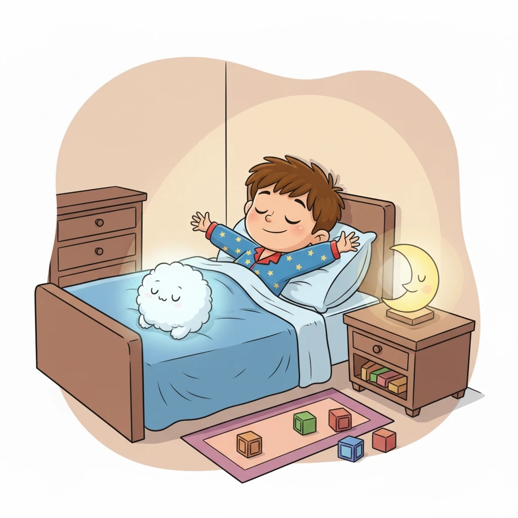 Leo closes his eyes, ready to drift off to sleep. Nimbus sits protectively at the foot of the bed, a gentle, reassuring presence, guarding Leo's impending dreams.