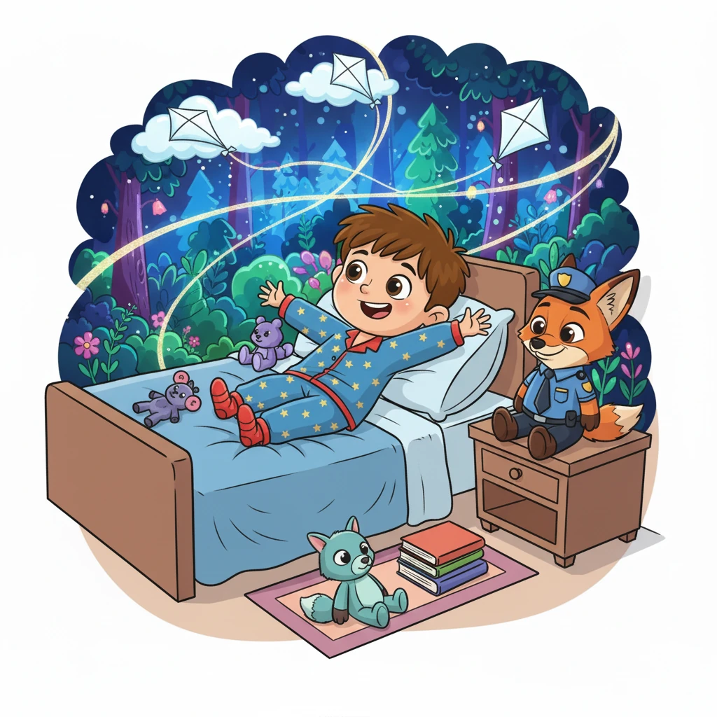 Leo is seen sleeping peacefully, a soft smile on his face. Above him, a magical dreamscape unfolds: flying kites with clouds, dancing moonbeams, and a vibrant forest, all thanks to Nimbus's wisdom.