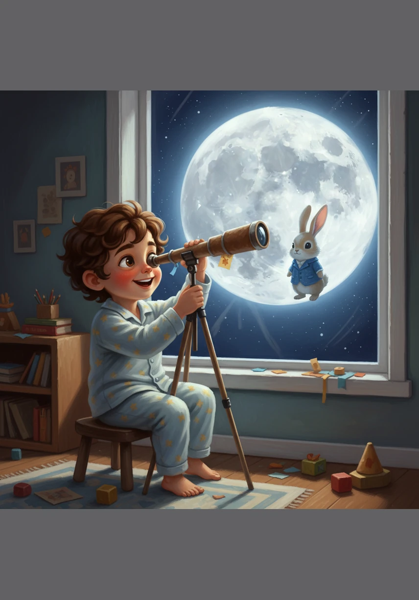 Little Leo sat by his bedroom window, peering through a telescope made of cardboard and dreams. The moon hung in the sky like a giant glowing pearl, and Leo wished he could touch its silvery surface just once.
