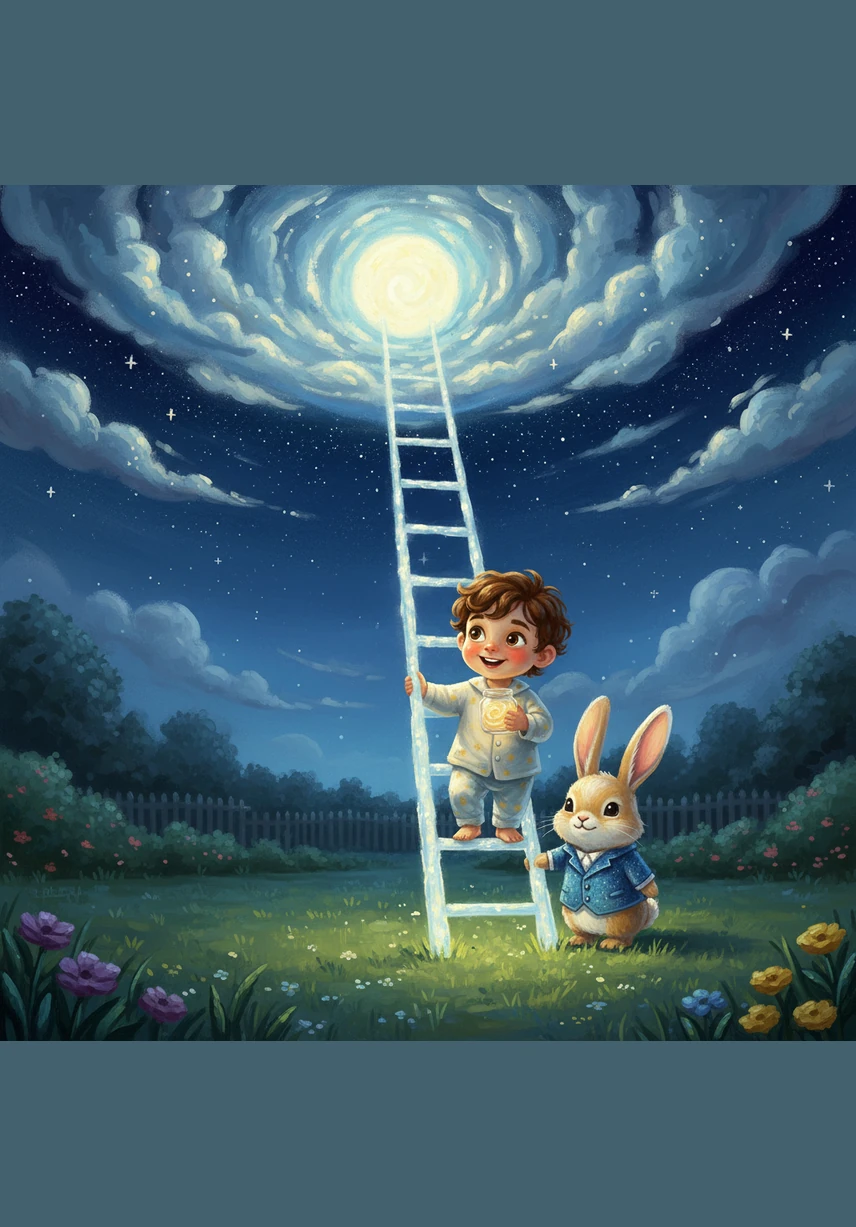 Suddenly, a shimmering ladder made of pure moonlight descended from the clouds and landed softly in Leo's backyard. Without a moment's hesitation, Leo stepped out into the cool night air and began his climb toward the stars.