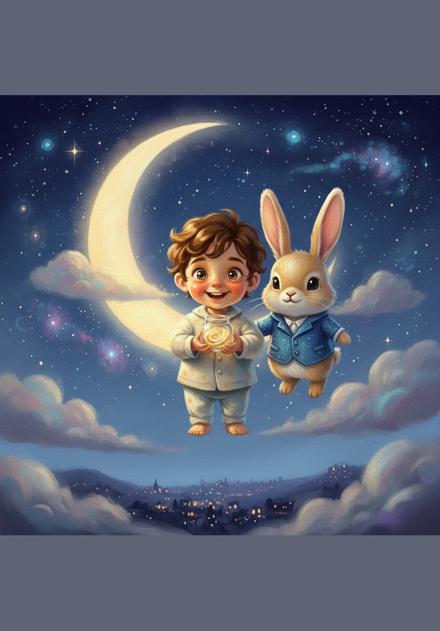 As he climbed higher, the air grew sweet and smelled like toasted marshmallows. He passed through fluffy clouds that felt like soft cotton candy against his cheeks, giggling as he rose above the sleeping world.